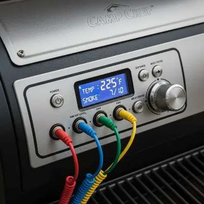 Camp Chef Woodwind Pro digital control panel with WiFi display and meat probes