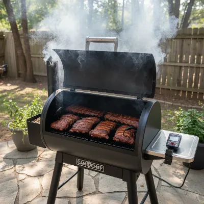 Camp Chef Woodwind Pro smoking ribs on grates with rich smoke flowing