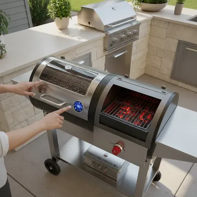 A person pointing at features on a pellet smoker with a sear box, illustrating key factors for selection.