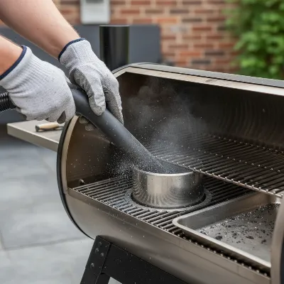 A person carefully vacuuming ash and debris from the firepot of a pellet smoker with a shop vac, highlighting clean maintenance for proper ignition