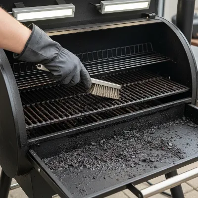 A person cleaning the grates and interior of a pellet smoker, emphasizing proper maintenance for longevity and performance.