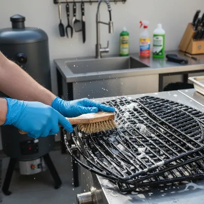 A person cleaning the racks of a vertical pellet smoker after a cookout.