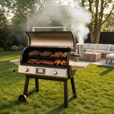 An extra large pellet smoker, robust and gleaming, sits ready in a spacious, beautifully landscaped backyard. Smoke drifts lightly from its chimney as various BBQ items like briskets, ribs, and whole chickens are visible on the multiple grates within. The setting sun casts a golden glow, highlighting a vibrant green lawn and comfortable outdoor seating, conveying a perfect big backyard BBQ scene.