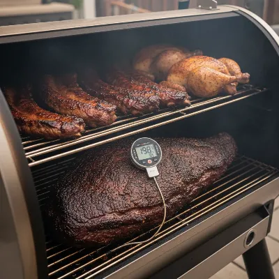 A detailed interior shot of an extra large pellet smoker reveals multiple chrome-plated cooking grates. The bottom grate holds a large, perfectly smoked beef brisket, glistening with juices. Above it, racks of tender ribs and several whole chickens are arranged. A faint haze of smoke is visible, and the internal temperature probe is clearly showing a stable reading. The lighting is warm and inviting, emphasizing the deliciousness of the food and the ample cooking space.