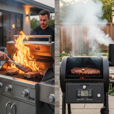 A split image showing a gas grill on one side with a chef quickly grilling steaks, and a pellet smoker on the other side slowly smoking ribs, illustrating the contrast in cooking styles and speed.