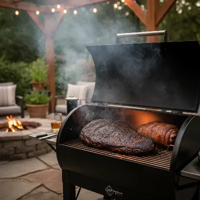 A Green Mountain Grills Ledge Prime 2.0 actively smoking a large cut of meat on a backyard patio, showcasing visible smoke and delicious results.