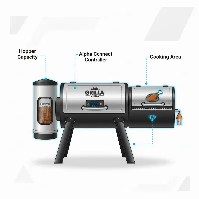 A graphic illustrating key features to consider when buying a Grilla Grills Silverbac pellet smoker, such as hopper size, cooking area, and controller type.