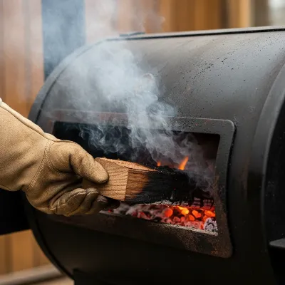 A skilled hand adding wood splits to the firebox of a traditional offset smoker, with smoke gently rising.
