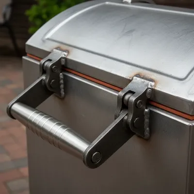 Close-up of a high-quality pellet smoker's heavy gauge steel and insulated lid
