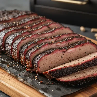 Close-up of perfectly smoked brisket from a pellet smoker, showing a subtle smoke ring and tender texture.