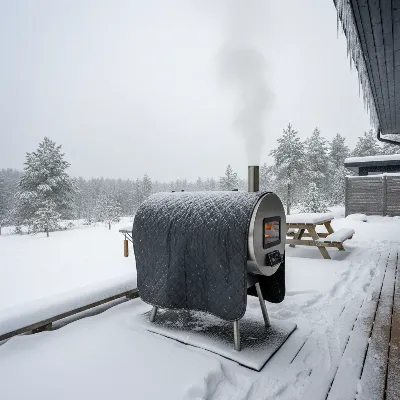 A pellet smoker covered with an insulated blanket, operating outdoors in a cold, windy environment