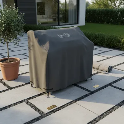 A clean, well-maintained pellet smoker covered and stored outdoors on a patio.