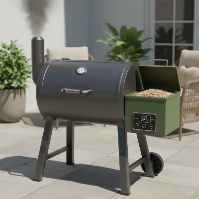 Illustration of a modern budget pellet smoker with visible hopper, digital control, and cooking chamber