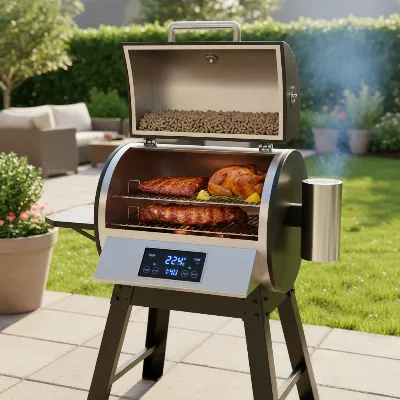 Modern pellet smoker in a backyard, producing clean smoke while cooking various foods