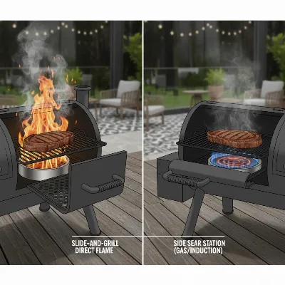 Different types of sear box integrations on pellet smokers, showing direct flame access and side sear station.