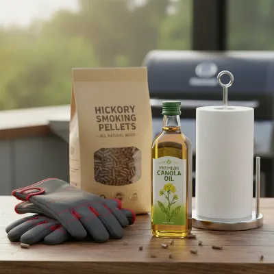 Essential tools and supplies for seasoning a new pellet smoker, including high smoke point oil and wood pellets.