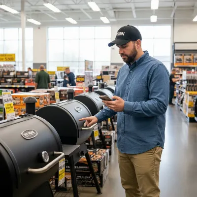 A person examining budget pellet smokers in a retail store, focusing on features and price tags