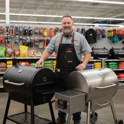 A person comparing two different pellet smoker models in a bright hardware store aisle
