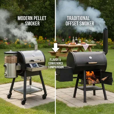 Pellet and offset smokers side-by-side, highlighting key differences in design and fuel source.