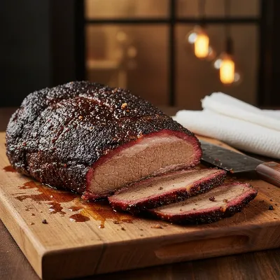 A perfectly smoked brisket resting on a cutting board, showcasing a rich mahogany bark and a prominent pink smoke ring.
