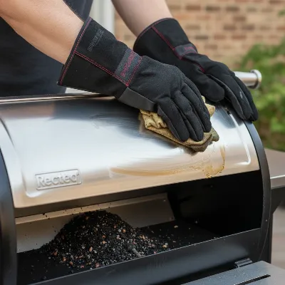 Man cleaning the interior of a Recteq RT-590 Pellet Smoker, highlighting ease of maintenance