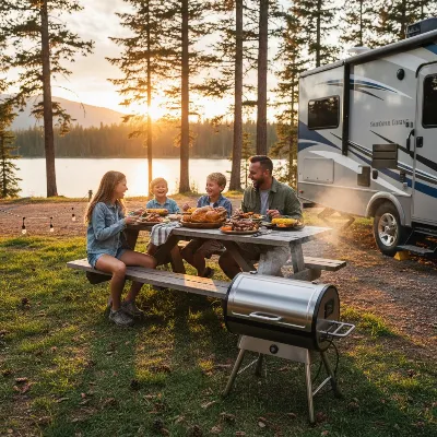 A family gathered around a portable pellet smoker at their RV campsite, enjoying a meal.