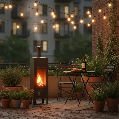 A compact vertical pellet smoker perfectly integrated into a small outdoor patio with string lights.