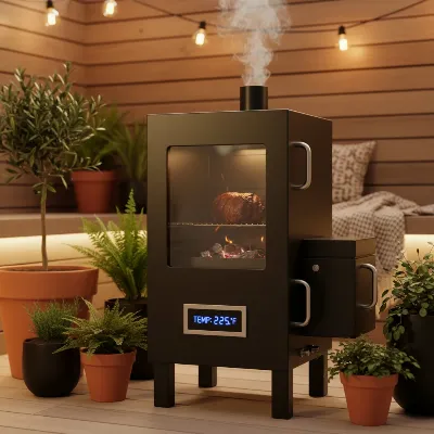 A sleek, modern vertical pellet smoker on a small, well-decorated patio.