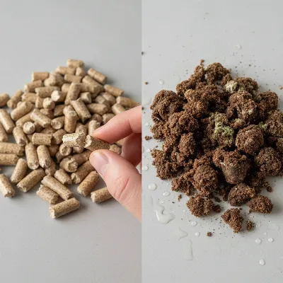 Comparison of dry, intact wood pellets versus swollen, crumbled wet wood pellets.