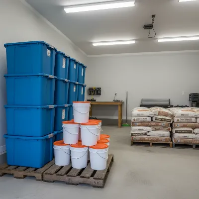 Organized indoor wood pellet storage with airtight bins and elevated bags for winter.