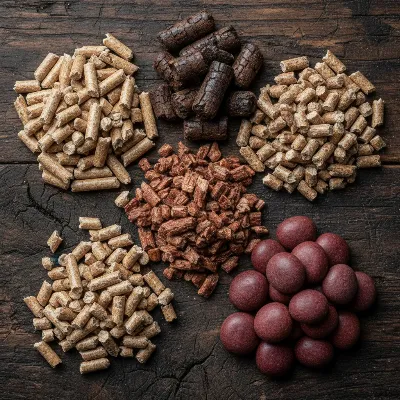 Assorted wood pellets for smoking brisket, showcasing different colors and textures of oak, hickory, mesquite, and cherry pellets.